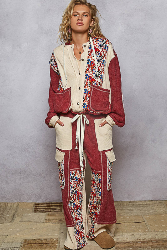 Contrast Thermal Patchwork Button Hoodie