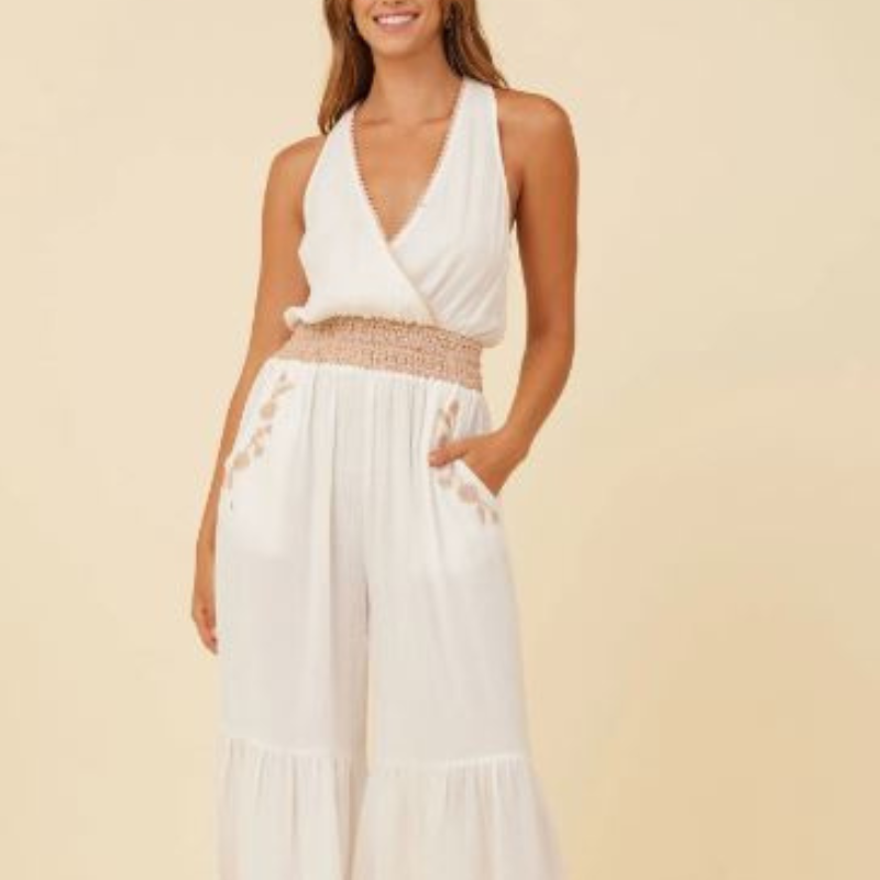 White Gauze Embroidered Jumpsuit