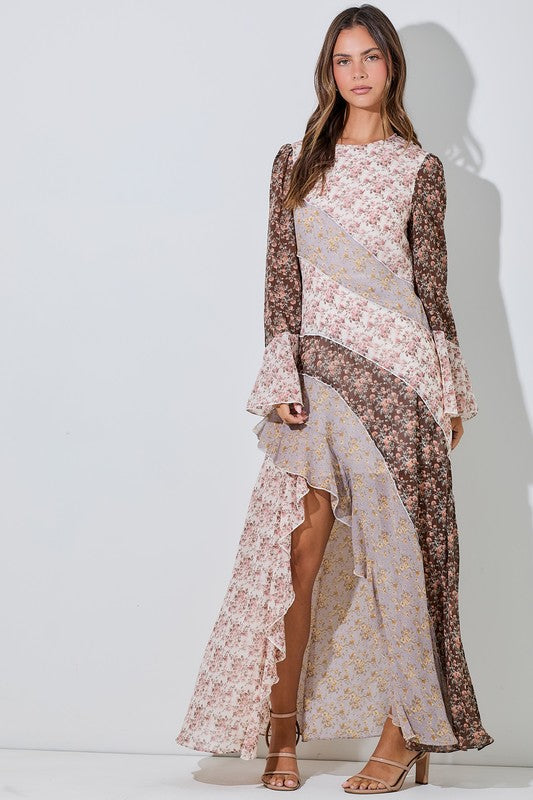 Floral and Brown Boho Chiffon Ruffle Maxi Dress Small
