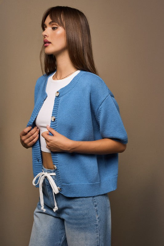 Short Sleeve Cardigan Sweater- Dusty Blue