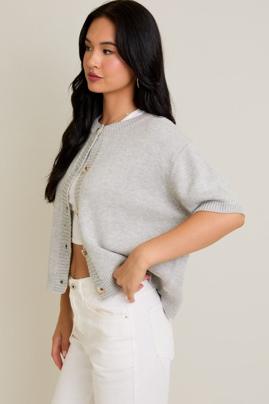 Short Sleeve Cardigan Sweater- Heather Grey