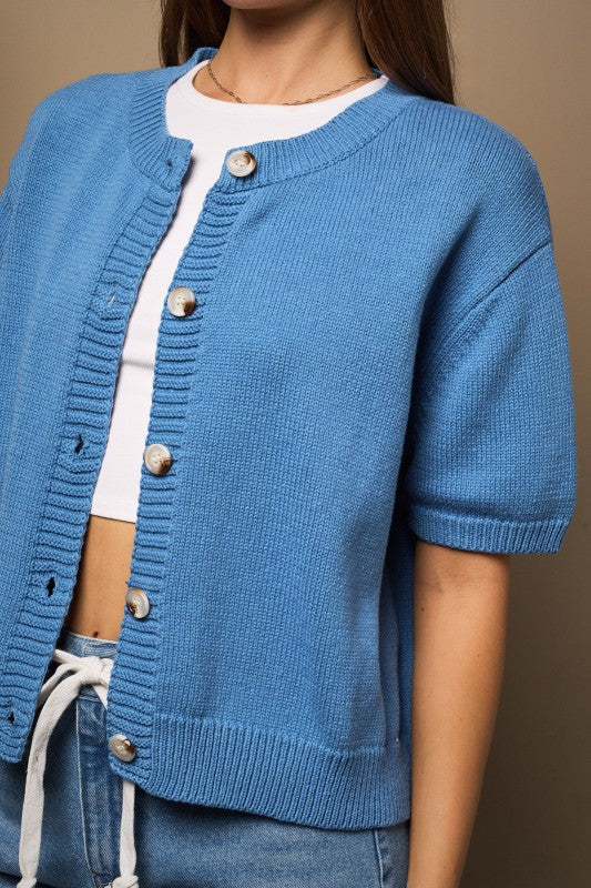 Short Sleeve Cardigan Sweater- Dusty Blue