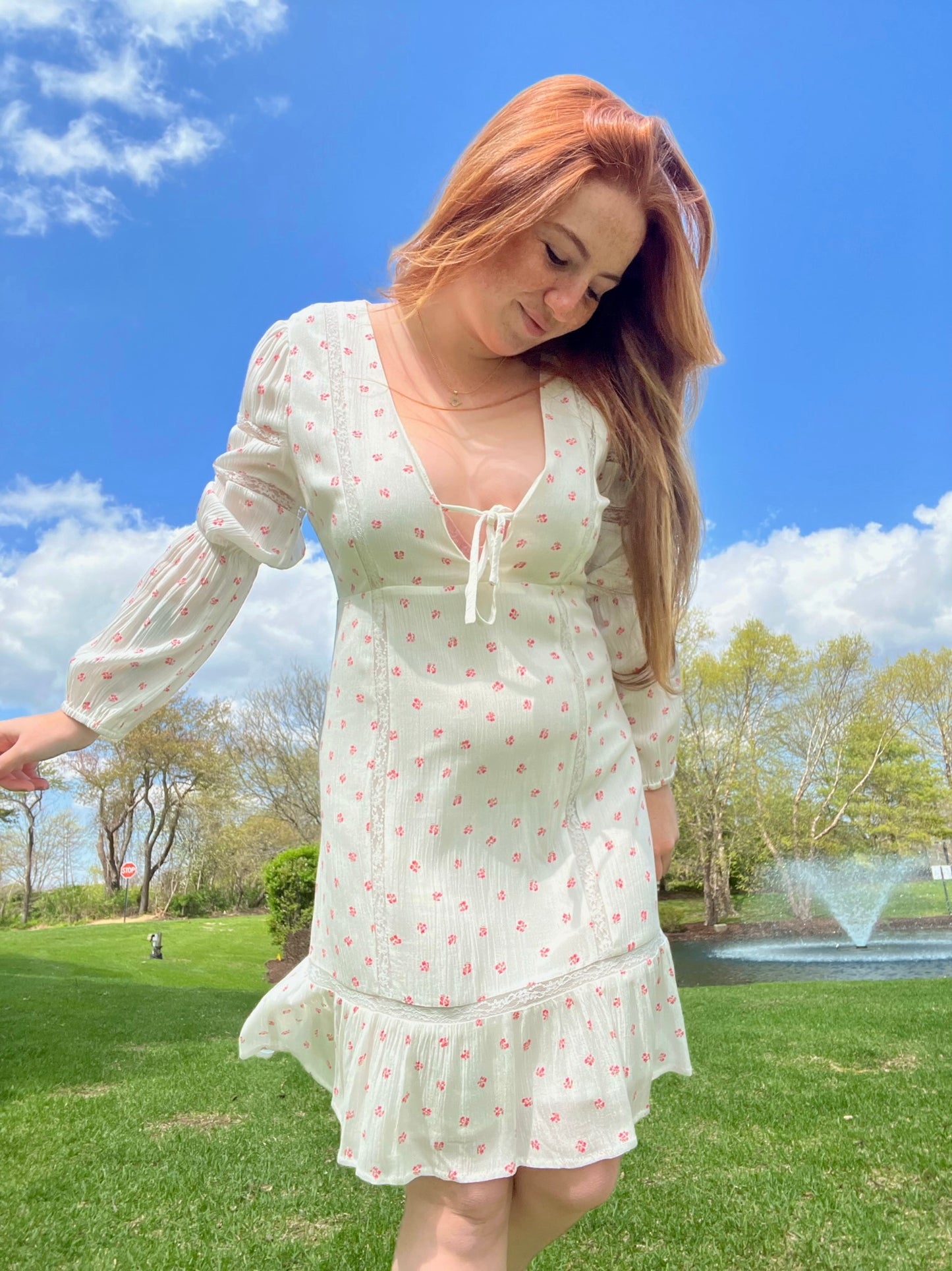 Floral Long Sleeve Lace Trim Mini Dress