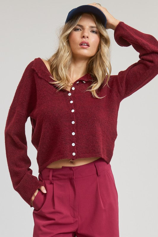 Button Down Cardigan in Burgundy