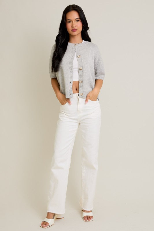 Short Sleeve Cardigan Sweater- Heather Grey
