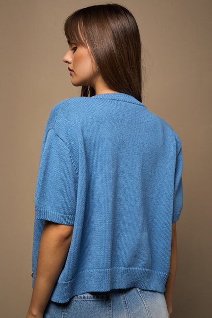 Short Sleeve Cardigan Sweater- Dusty Blue