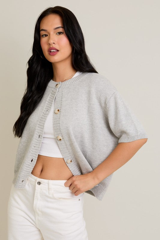 Short Sleeve Cardigan Sweater- Heather Grey