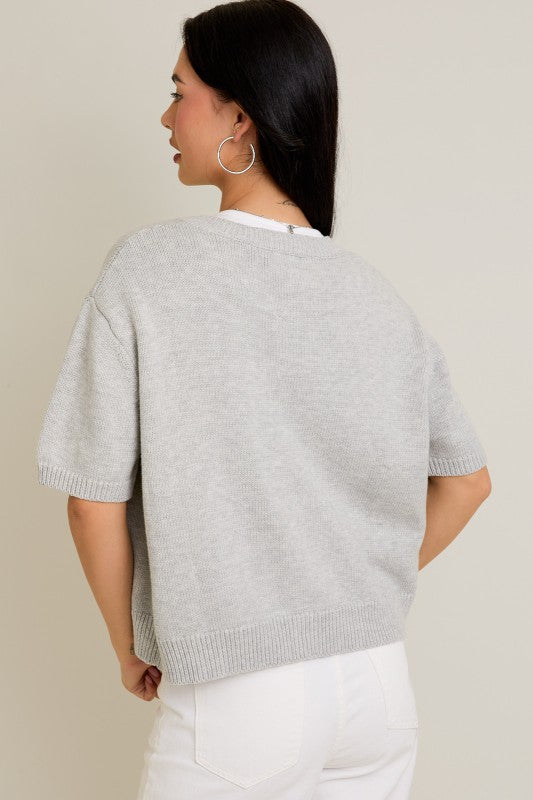 Short Sleeve Cardigan Sweater- Heather Grey