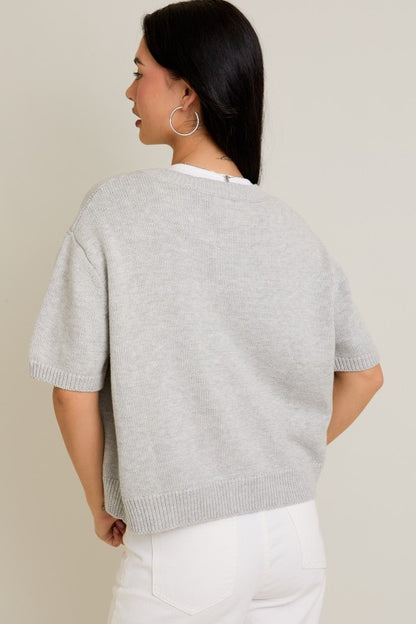 Short Sleeve Cardigan Sweater- Heather Grey