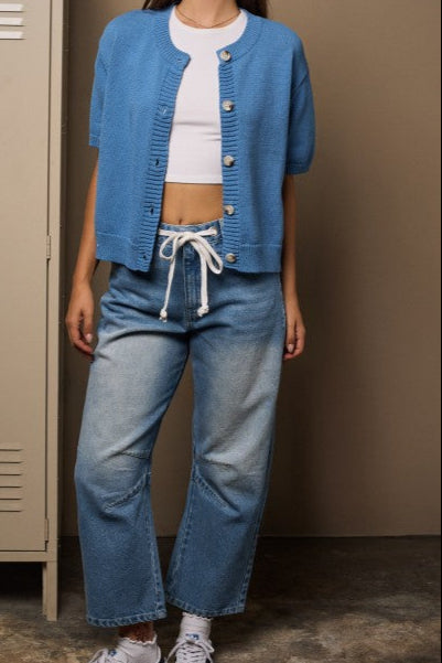 Short Sleeve Cardigan Sweater- Dusty Blue