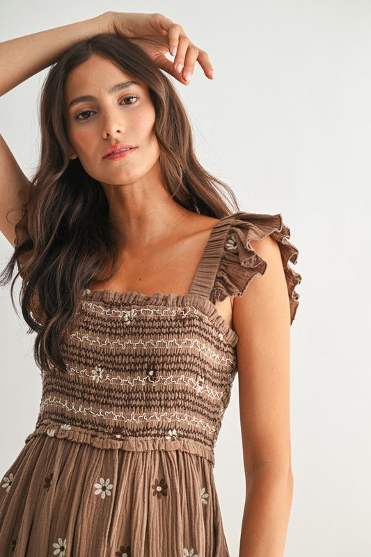 Floral Embroidered Maxi Dress Brown / L Floral Embroidered Maxi Dress Brown / L