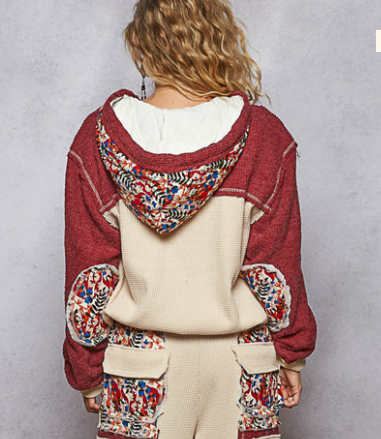 Contrast Thermal Patchwork Button Hoodie