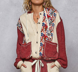 Contrast Thermal Patchwork Button Hoodie