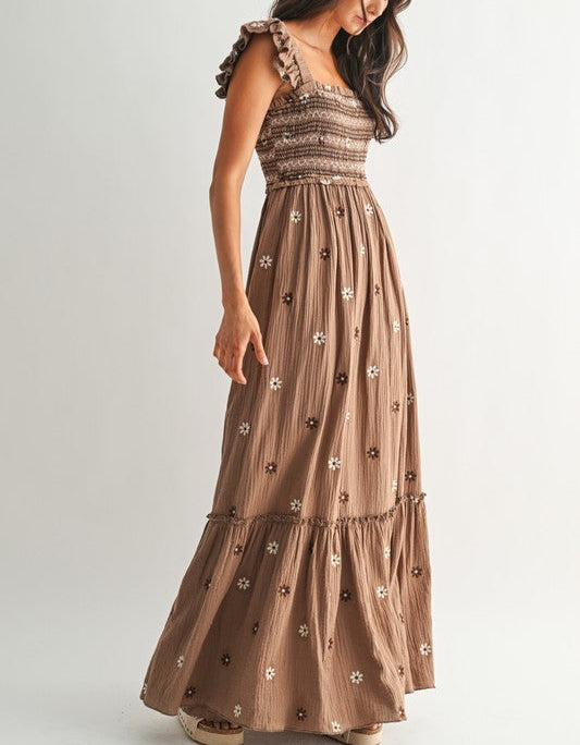 embroidered floral maxi dress Floral Embroidered Maxi Dress Brown / L