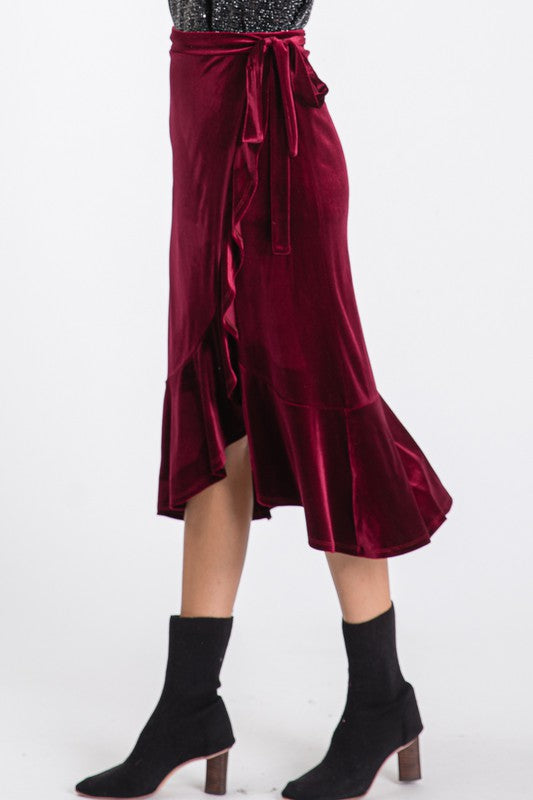 Velvet Ruffled Wrap Midi Skirt