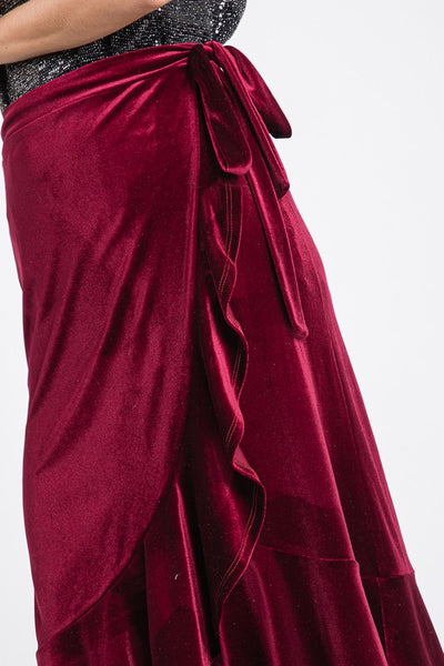 Velvet Ruffled Wrap Midi Skirt