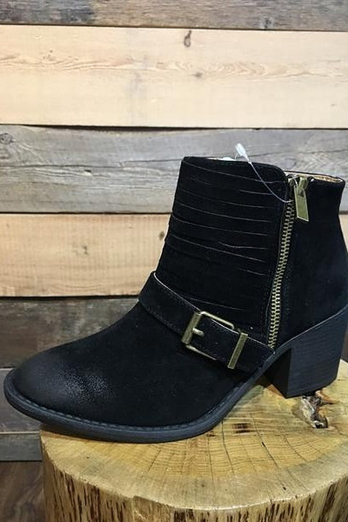 Faux Suede Black Bootie With Buckle