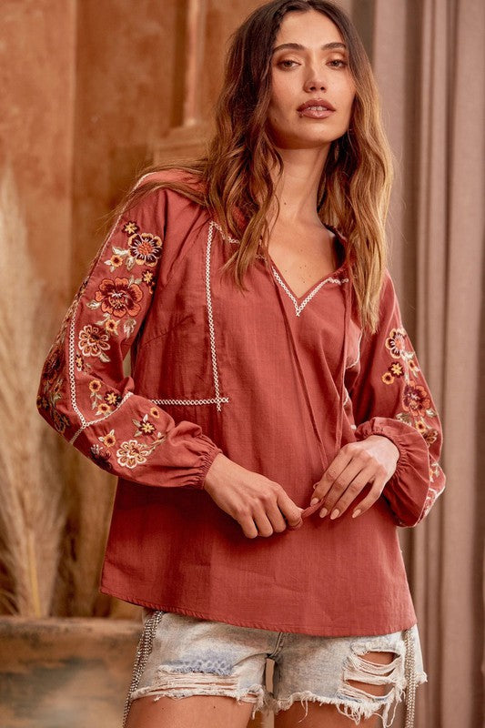 Billow Sleeve Embroidered Top