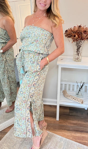 Turquoise Floral Strapless Jumpsuit